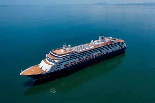 Aerial view of Holland America's cruise ship Zaandam as it entered the Panama City bay to be assisted by the Rotterdam cruise ship with supplies