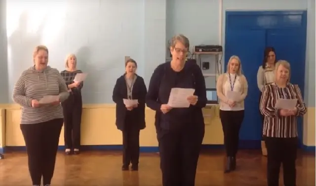 Helen Ridley (front centre) and staff from Grendon Primary School