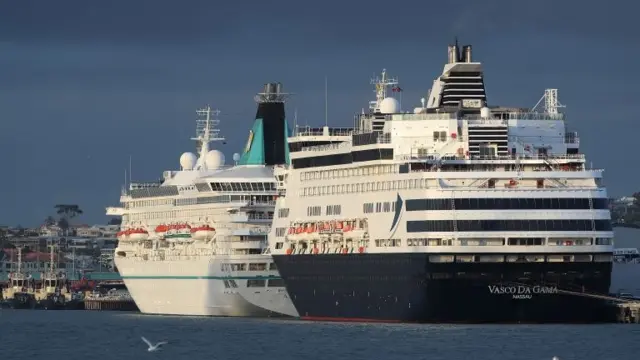 The Artania and Vqsco Da Gama cruise ships seen berthed at Fremantle on March 27, 2020