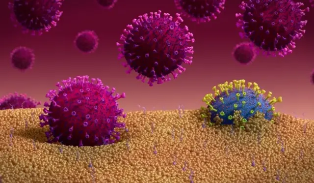 Illustration of a mutating coronavirus (blue) exiting a cell.