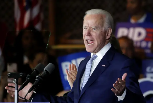 Joe Biden addresses supporters at his Super Tuesday night rally in Los Angeles