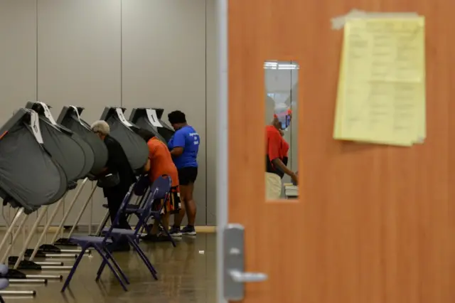 Voters cast their ballot in the Democratic primary at a polling station in Houston, Texas,