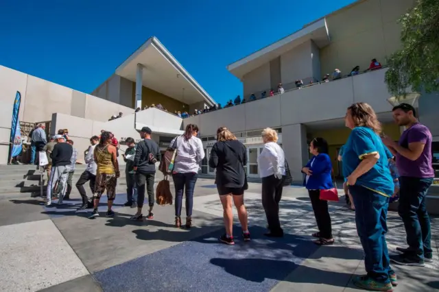 Voters line up outside the public library in Santa Monica