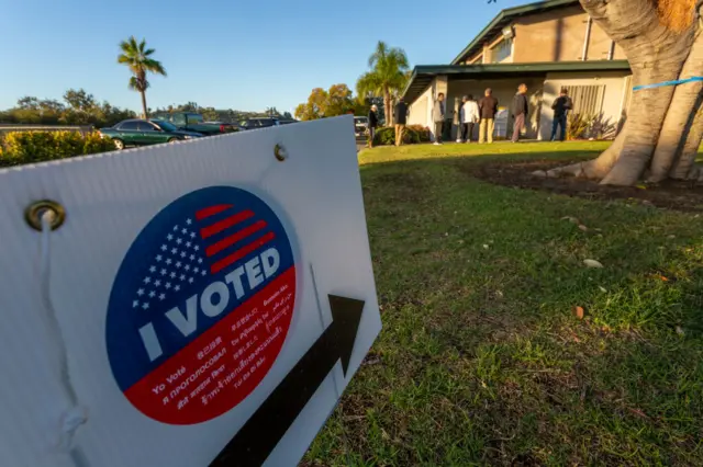 Voters wait for a voting center to open at Granada Park