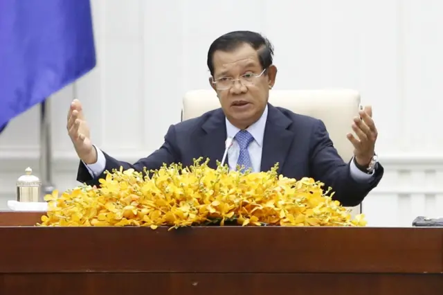 Cambodian PM Hun Sen gives a speech