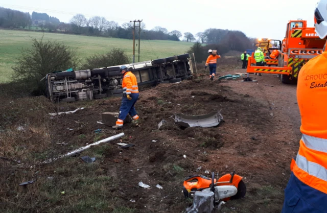 Lorry in a ditch by the M1