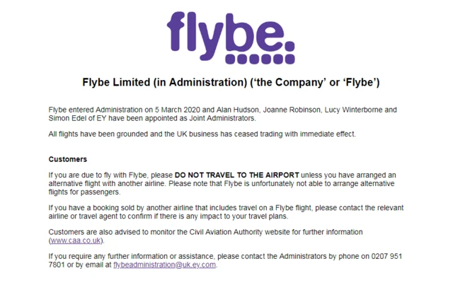 Screen shot of Flybe's website set advising passengers to not travel to the airport.