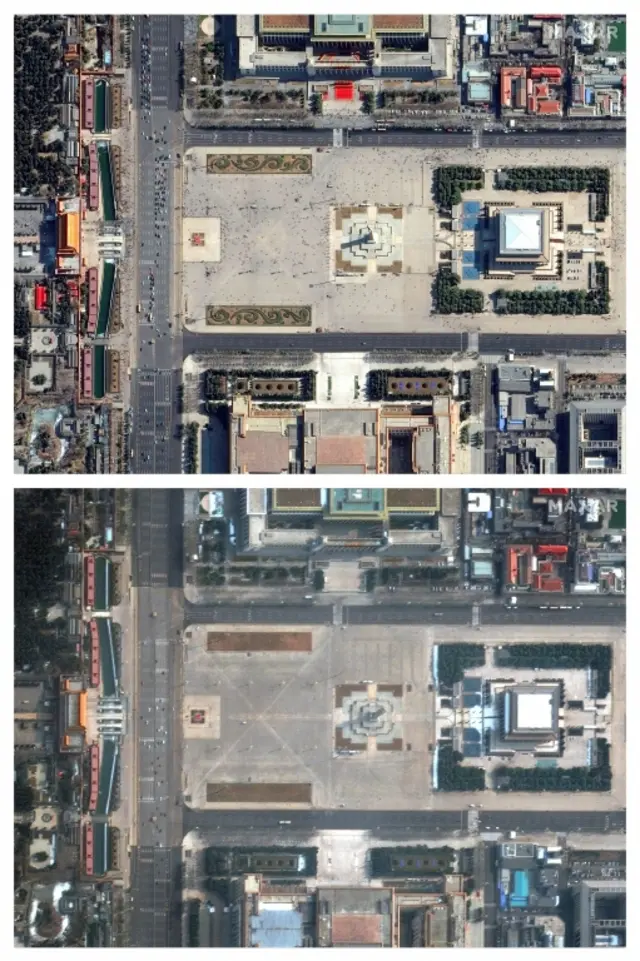 Aerial photographs, released by Colorado-based space technology firm Maxar, show Tiananmen Square in Beijing in February 2019 (top) and February 2020.