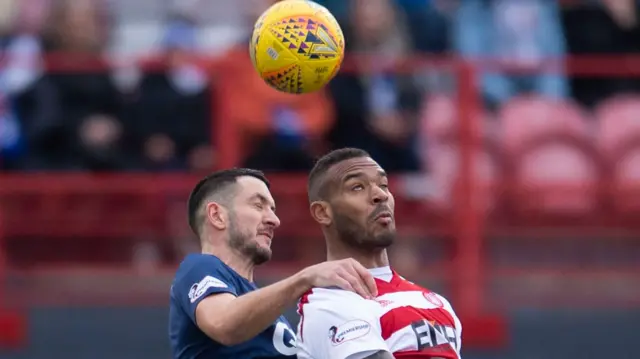 Kilmarnock’s Gary Dicker competes in the air with Hamilton’s Marios Ogkmpoe