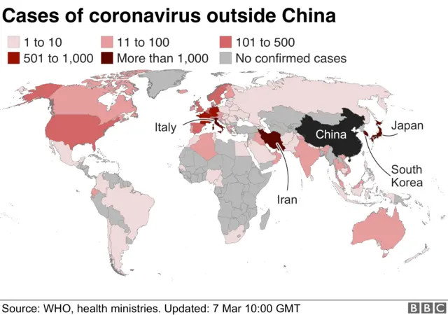 Map showing coronavirus cases outside China