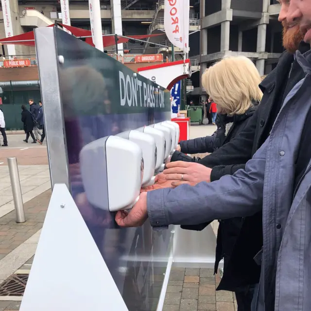 Hand sanitiser wall at Twickenham