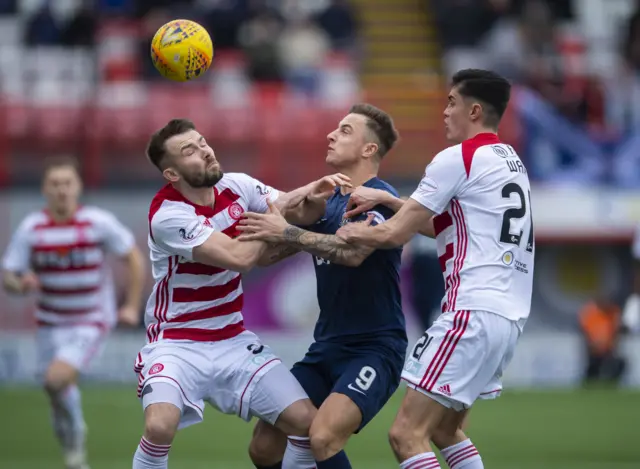 Kilmarnock’s Eamonn Brophy (centre) is challenged by Scott McMann and Shaun Want