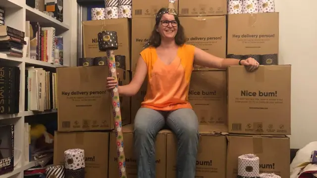 Haidee Janetzi sits on top of her toilet paper throne