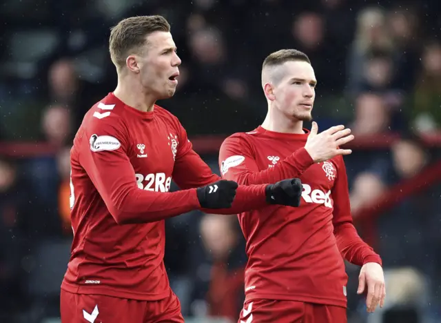 Rangers' Florian Kamberi and Ryan Kent celebrate