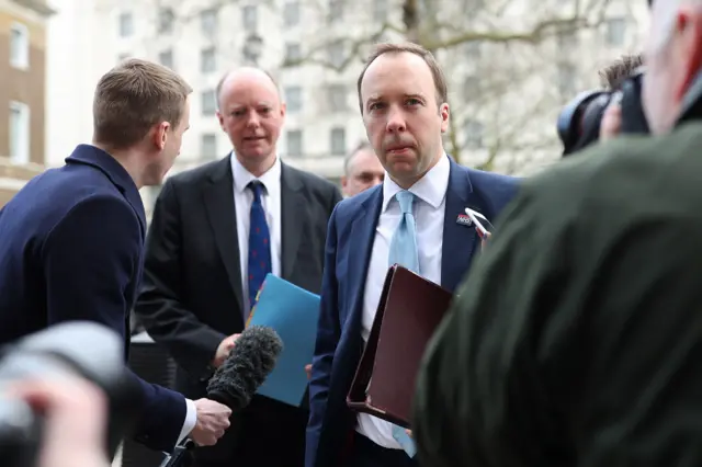 Health Secretary Matt Hancock arrives for the Cobra meeting with UK chief medical adviser Prof Chris Whitty