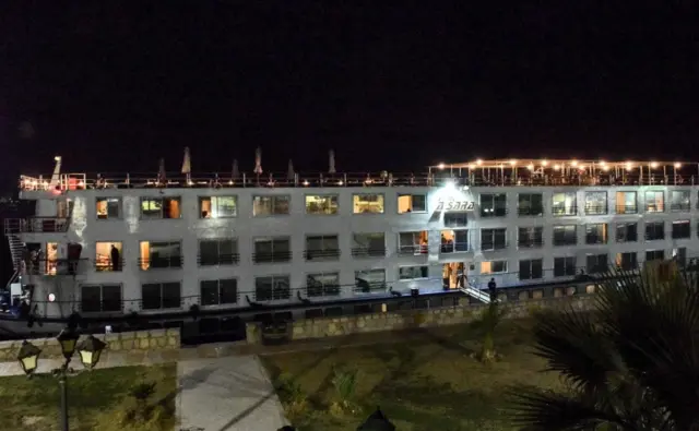 View of Nile cruise ship A-Sara moored off the bank of the river in Egypt's southern city of Luxor