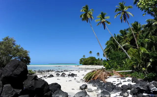 Image shows a beach on the Cook Islands