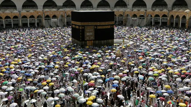 Muslims circle the Kaaba in Mecca's Great Mosque during the Hajj in August 2019