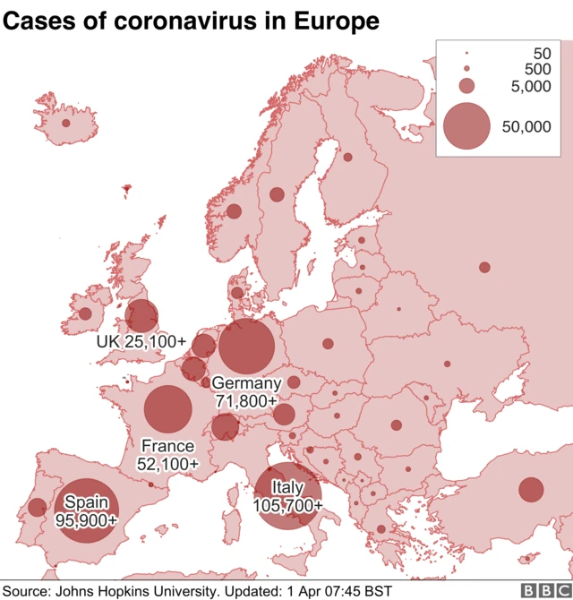 Latest map showing coronavirus cases across Europe, 1 April 2020