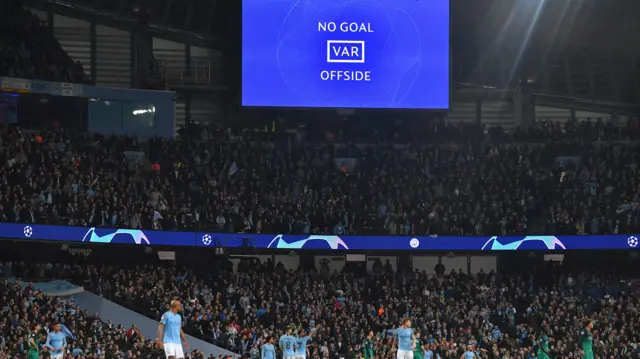 Scoreboard shows the VAR decision to disallow City's fifth goal