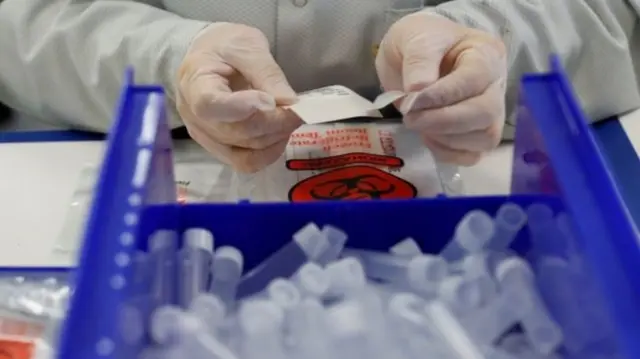 A gloved person looking at tests