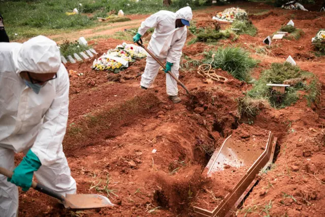 Workers at a cemetery in Sao Paulo