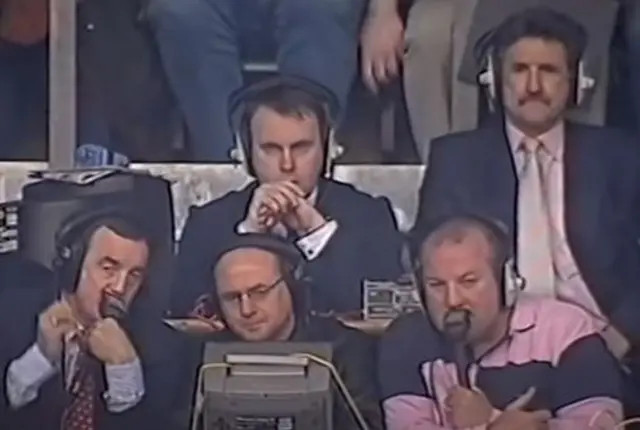 Phil Bennett (front left) and wing Gerald Davies (back right) are joined by former hooker Garin Jenkins (front right) to commentate on the game for BBC Radio Wales with Gareth Charles (front centre).