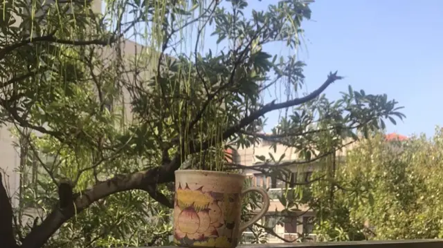 A coffee mug perched on a balcony