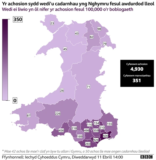 map yn dangos achosion Covid-19