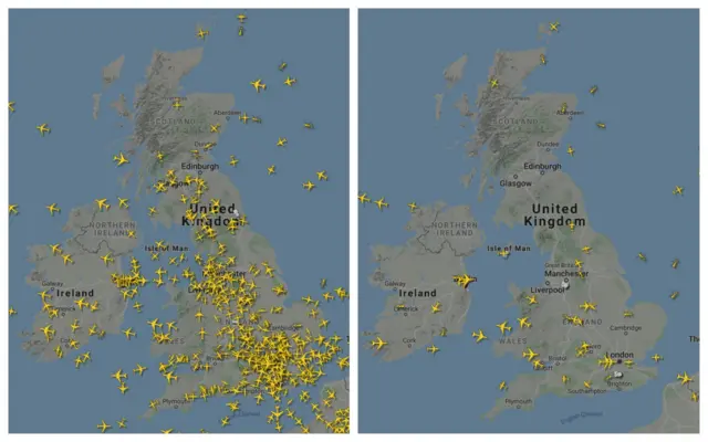 The UK's busy airspace on 18 April last year (left), contrasted with the sparser airspace on 9 April this year (right)