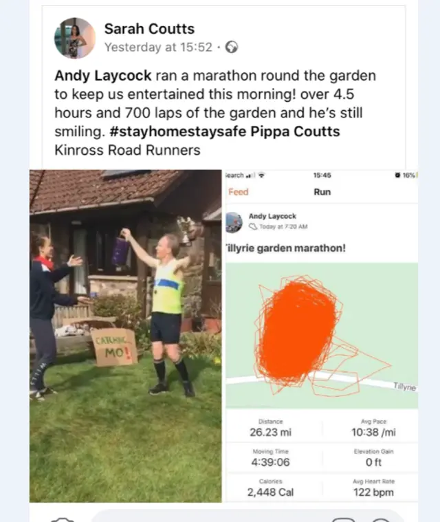 Andy Laycock celebrates finishing a marathon in his garden