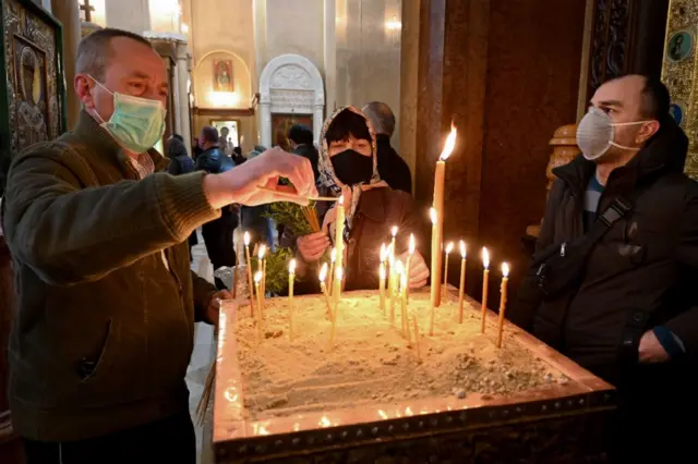 Georgian Orthodox observers in Tbilisi attend church to celebrate Palm Sunday (which is today's celebration in the eastern church)