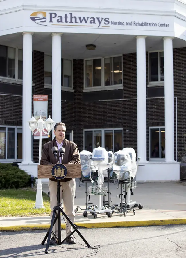 Cuomo outside the Pathways Nursing and Rehabilitation Center