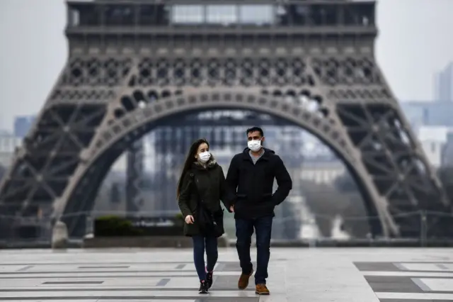 Couple walking in front of the Eiffel Tower wearing face masks