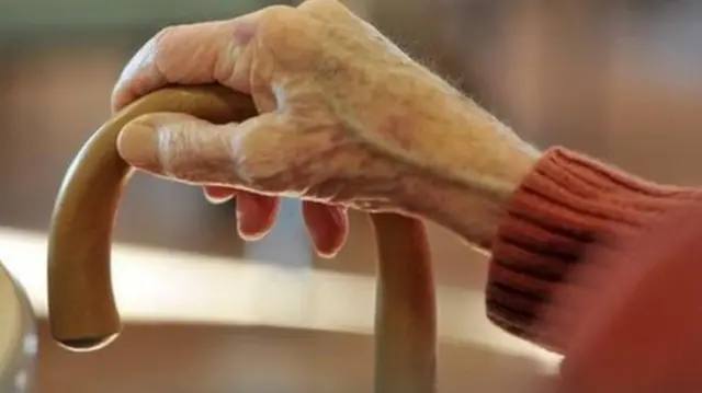 An elderly person's hand on a walking stick