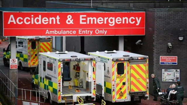 Ambulances at A&E entrance at hospital