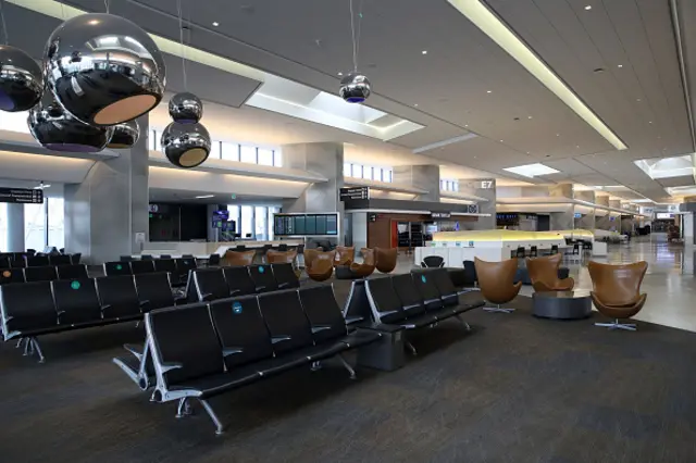 The United Airlines terminal sits empty at San Francisco International Airport