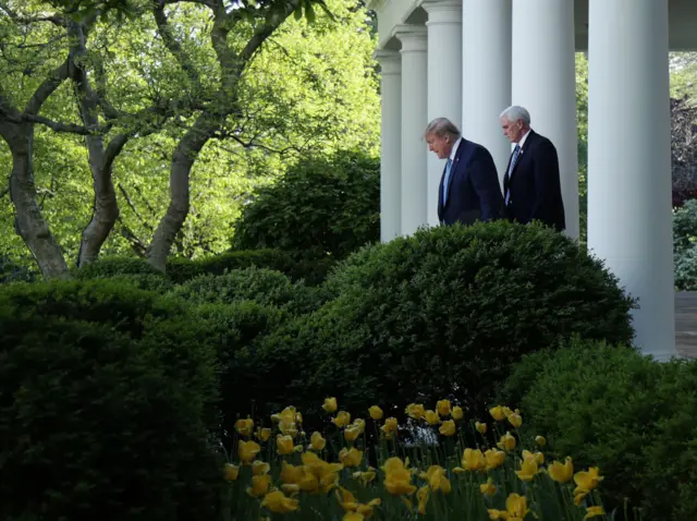 President Donald Trump and Vice President Mike Pence step into the Rose Garden