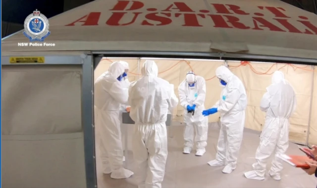 NSW Police investigators in protective suits on the Ruby Princess cruiseship