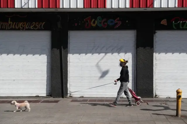 A woman wearing protection walks her dog in Santiago