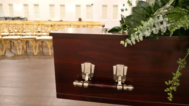 Coffin at empty church