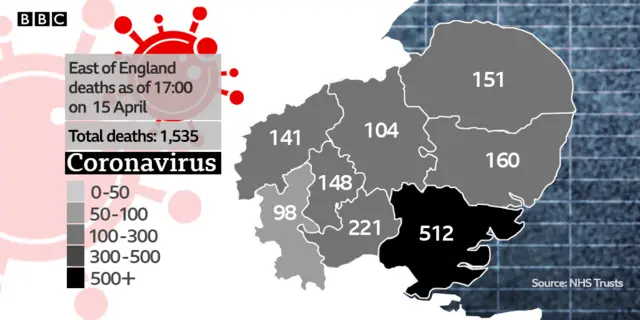 Map showing Covid-19 deaths in the East of England