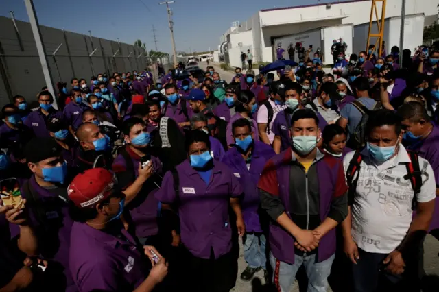 Employees of Regal, an assembly factory that manufactures electric motors, hold a protest to demand the respect to the quarantine to avoid contagion from the coronavirus disease (COVID-19), in Ciudad Juarez, Mexico April 15, 2020