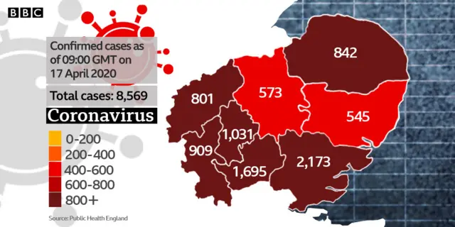 Map showing confirmed Covid-19 cases in the East