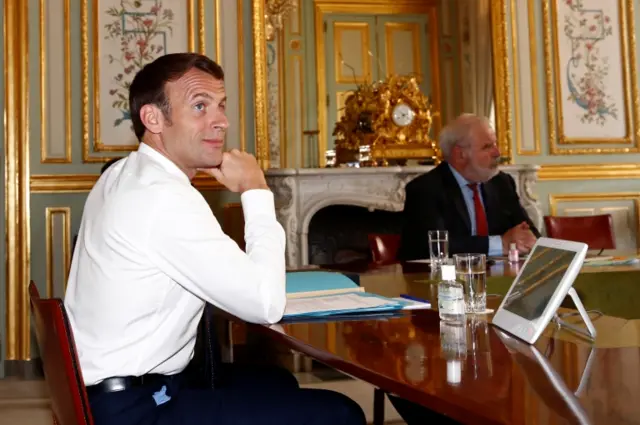 French President Emmanuel Macron attends a videoconference with G7 leaders