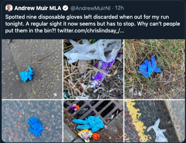 Tweet from Andrew Muir MLA showing discarded gloves