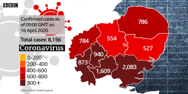 Map of confirmed coronavirus cases in East of England