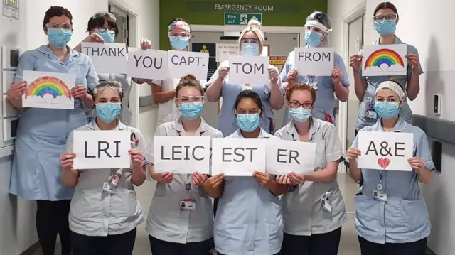 Staff at Leicester Royal Infirmary thanking Capt Tom Moore for raising £17m and counting for the NHS