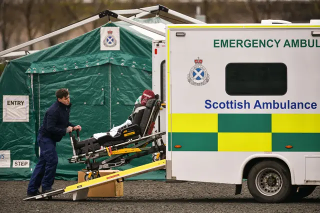 Student paramedics receive training to deal with coronavirus patients at the Louisa Jordan hospital in Glasgow