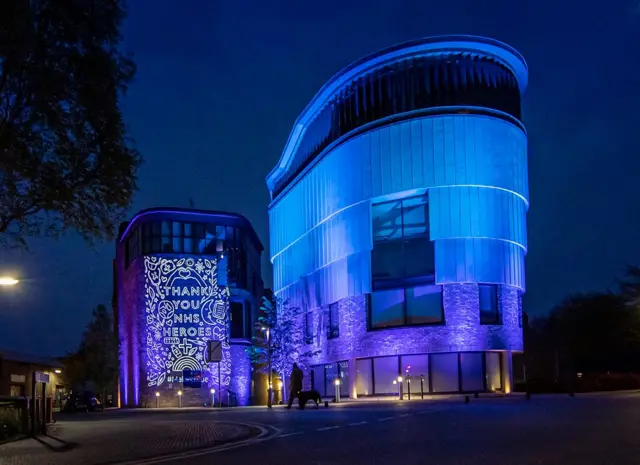 Blue lights on Anglia Ruskin University building